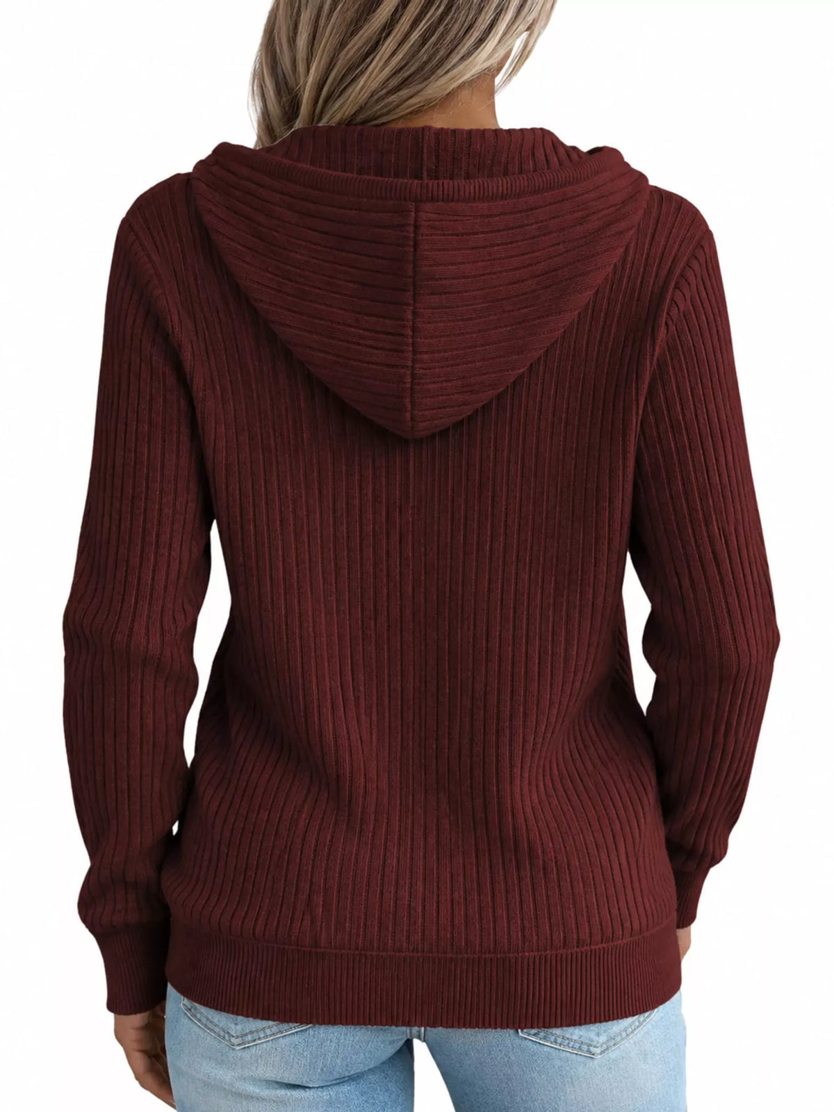 Back view of the burgundy ribbed zip-front hooded cardigan with long sleeves.