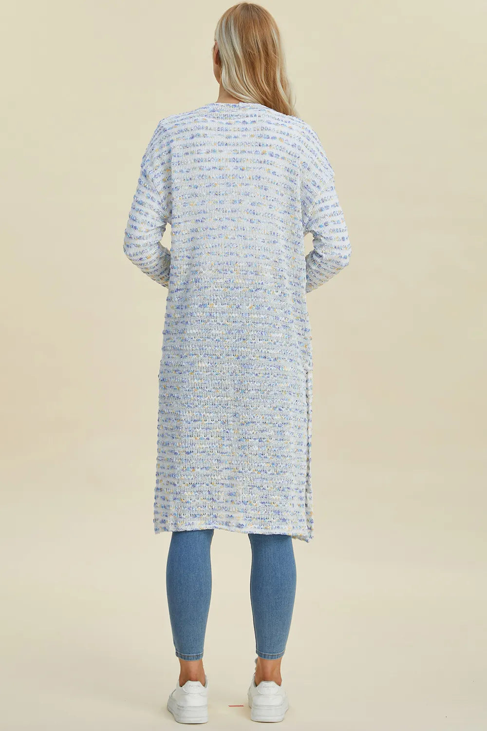 Multicolor Double Take openwork longline cardigan — back view