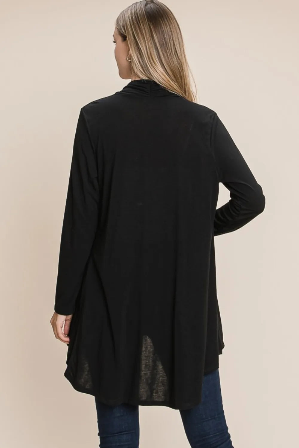 Black open-front cardigan, back view showing long sleeves and flared hem