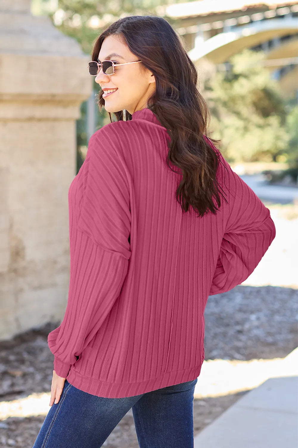 Basic Bae ribbed mock-neck long-sleeve knit top in Hot Pink, back view; top only.