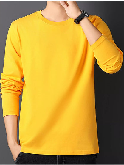Gold men's cotton long-sleeve crewneck tee, front view.
