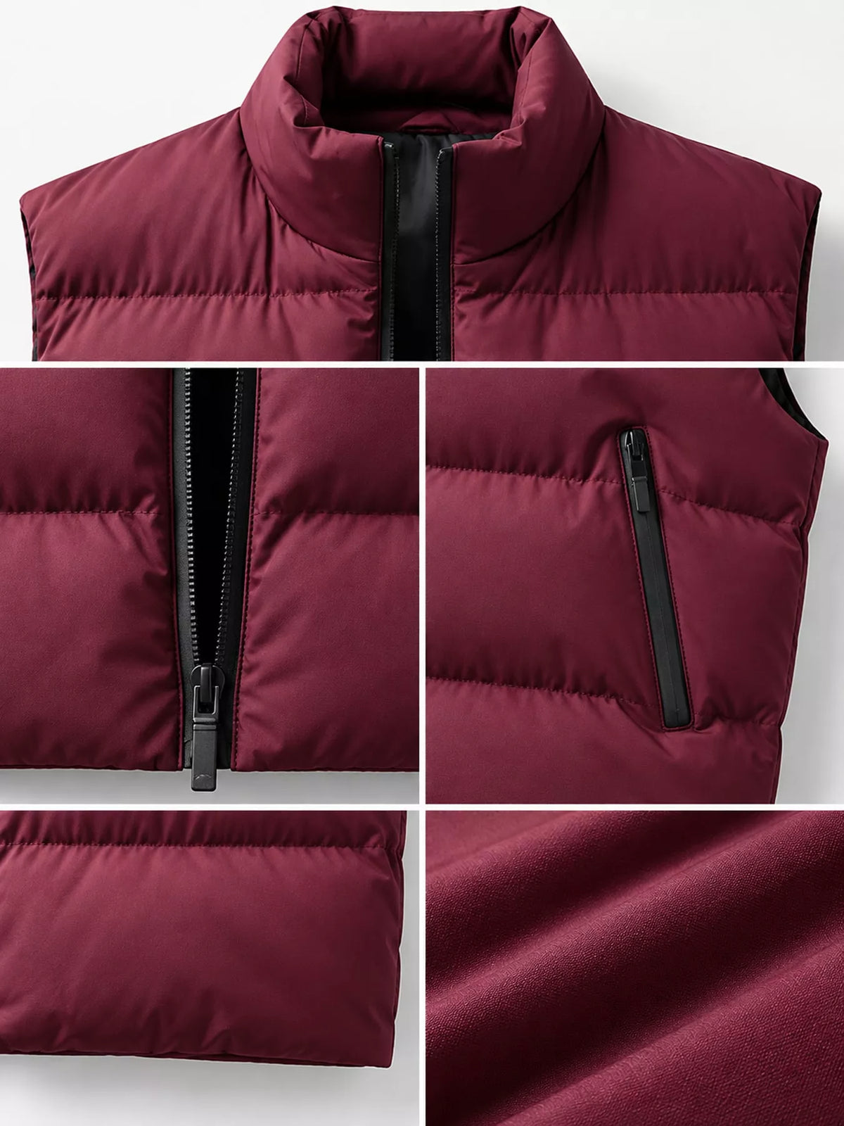 Burgundy men's lightweight zip-up puffer vest — collar, zipper and quilting details