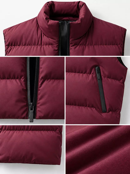 Burgundy men's lightweight zip-up puffer vest — collar, zipper and quilting details