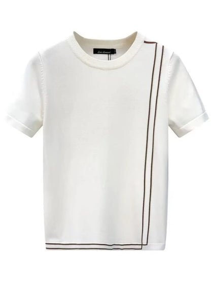 White contrast-trim crewneck T-shirt, front view. One T-shirt only.