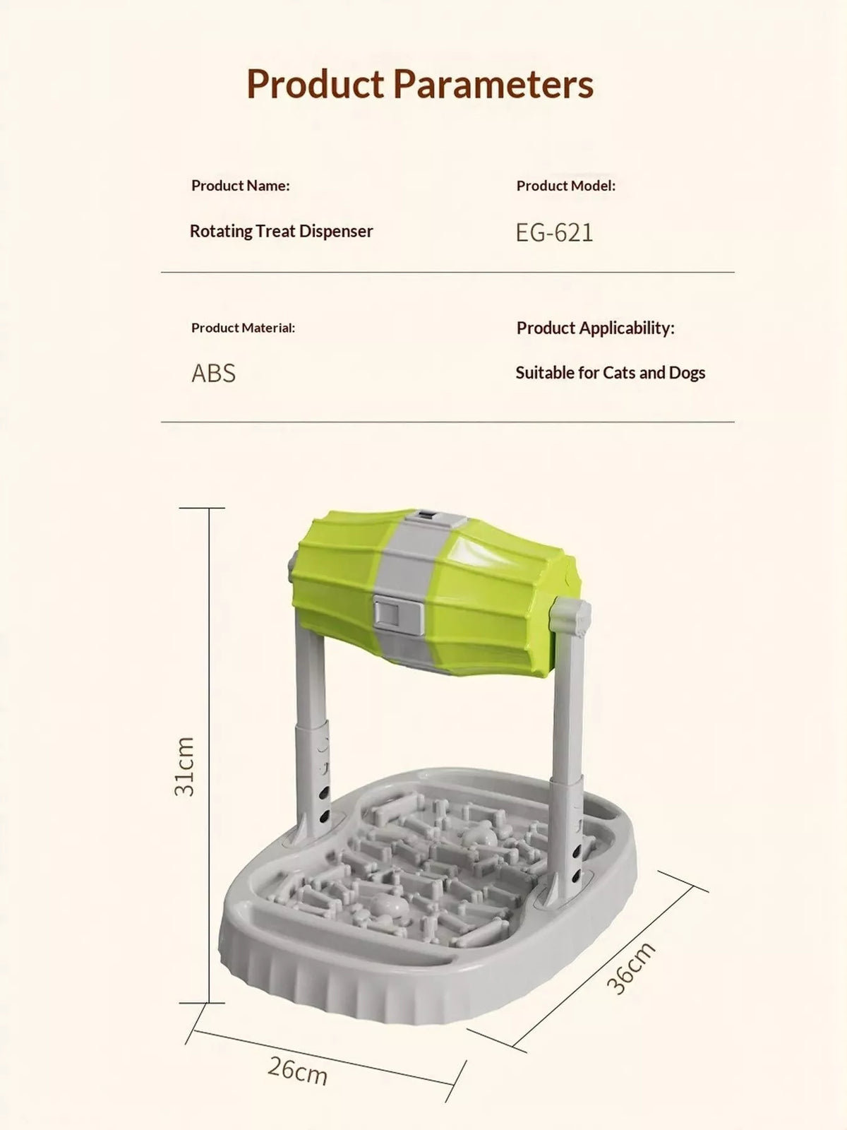 Green Style 1 rotating pet treat dispenser, ABS stand and maze tray, with supplier dimensions 36 by 26 by 31 centimetres.