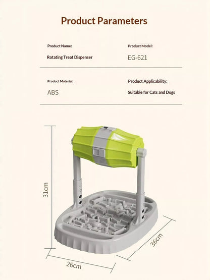 Green Style 1 rotating pet treat dispenser, ABS stand and maze tray, with supplier dimensions 36 by 26 by 31 centimetres.