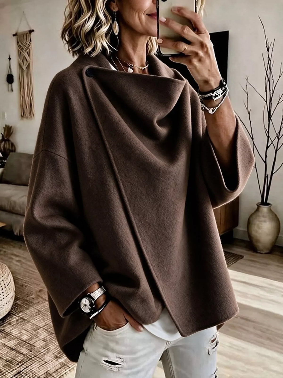 Coffee Brown asymmetric cowl-neck cape, modeled front view; one cape included