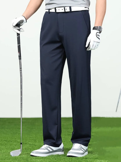 Dark blue loose-fit trousers, front view.