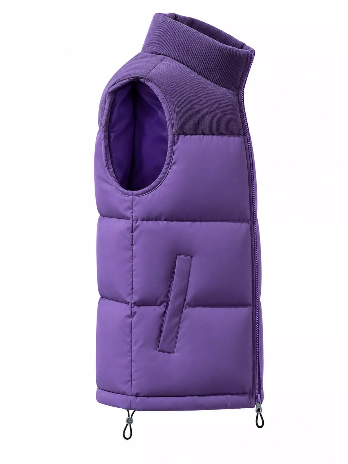 Purple men's corduroy-panel puffer vest, side view. One vest is sold.