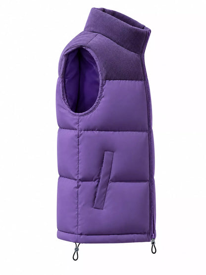 Purple men's corduroy-panel puffer vest, side view. One vest is sold.