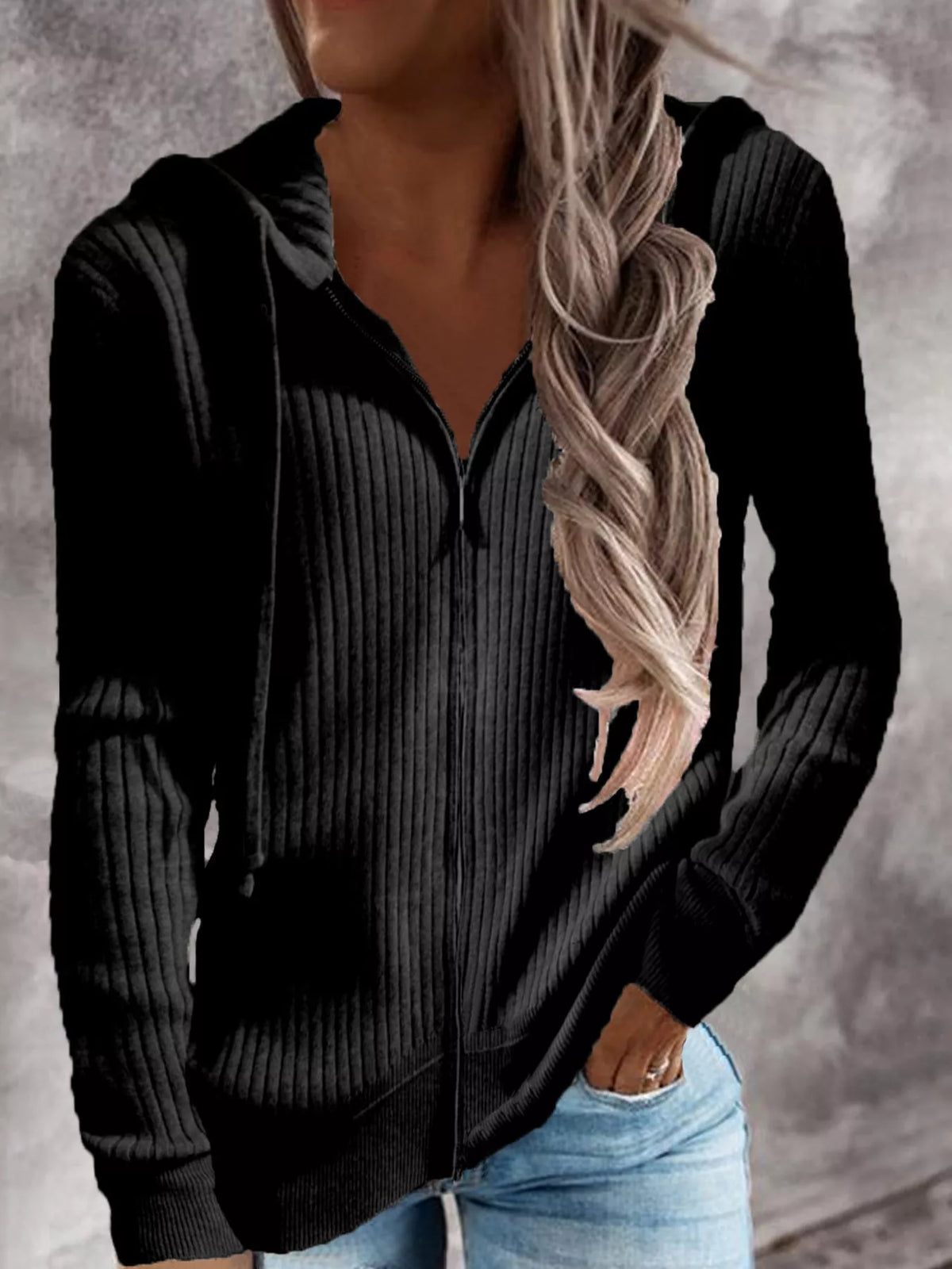 Front or angled view of the black ribbed zip-front hooded cardigan with long sleeves.
