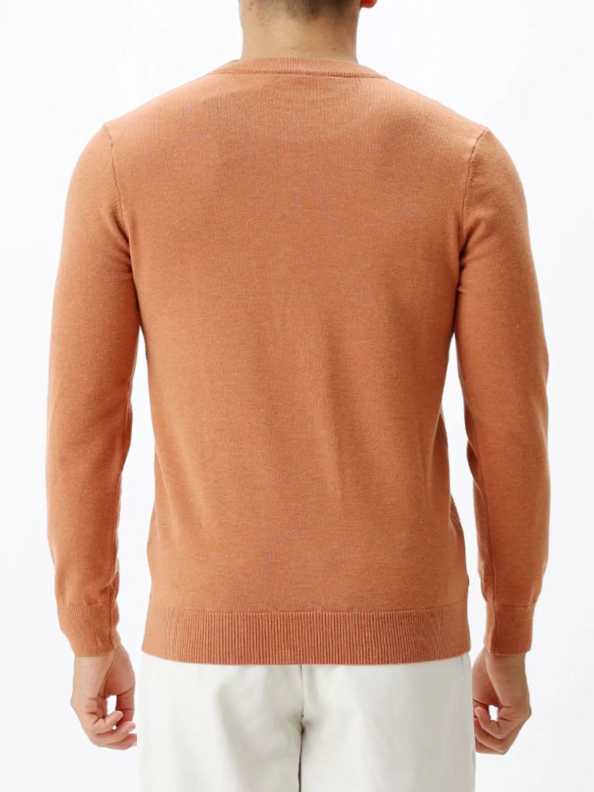 Men's long-sleeve crew-neck sweater in Caramel, back view.
