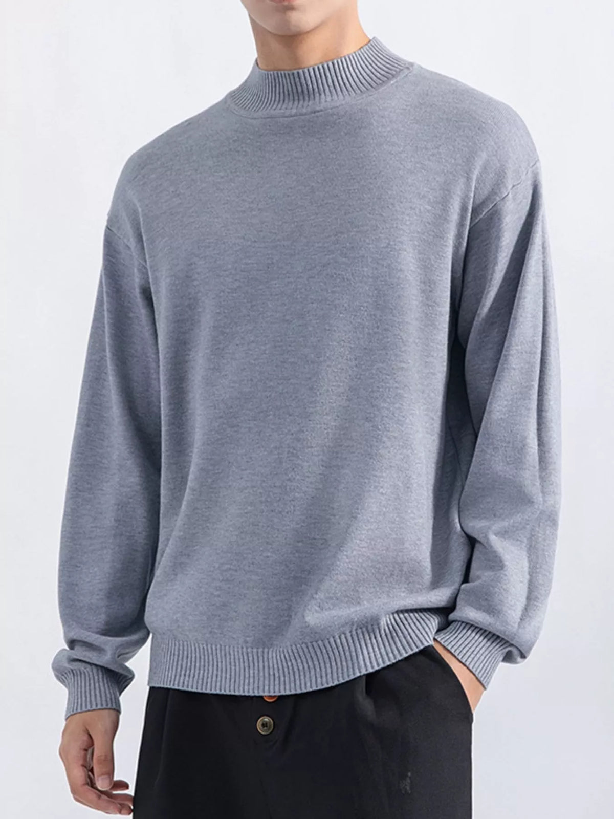 Men's Gray minimalist mock-neck sweater, alternate front view. Trousers are styling items and are not included.