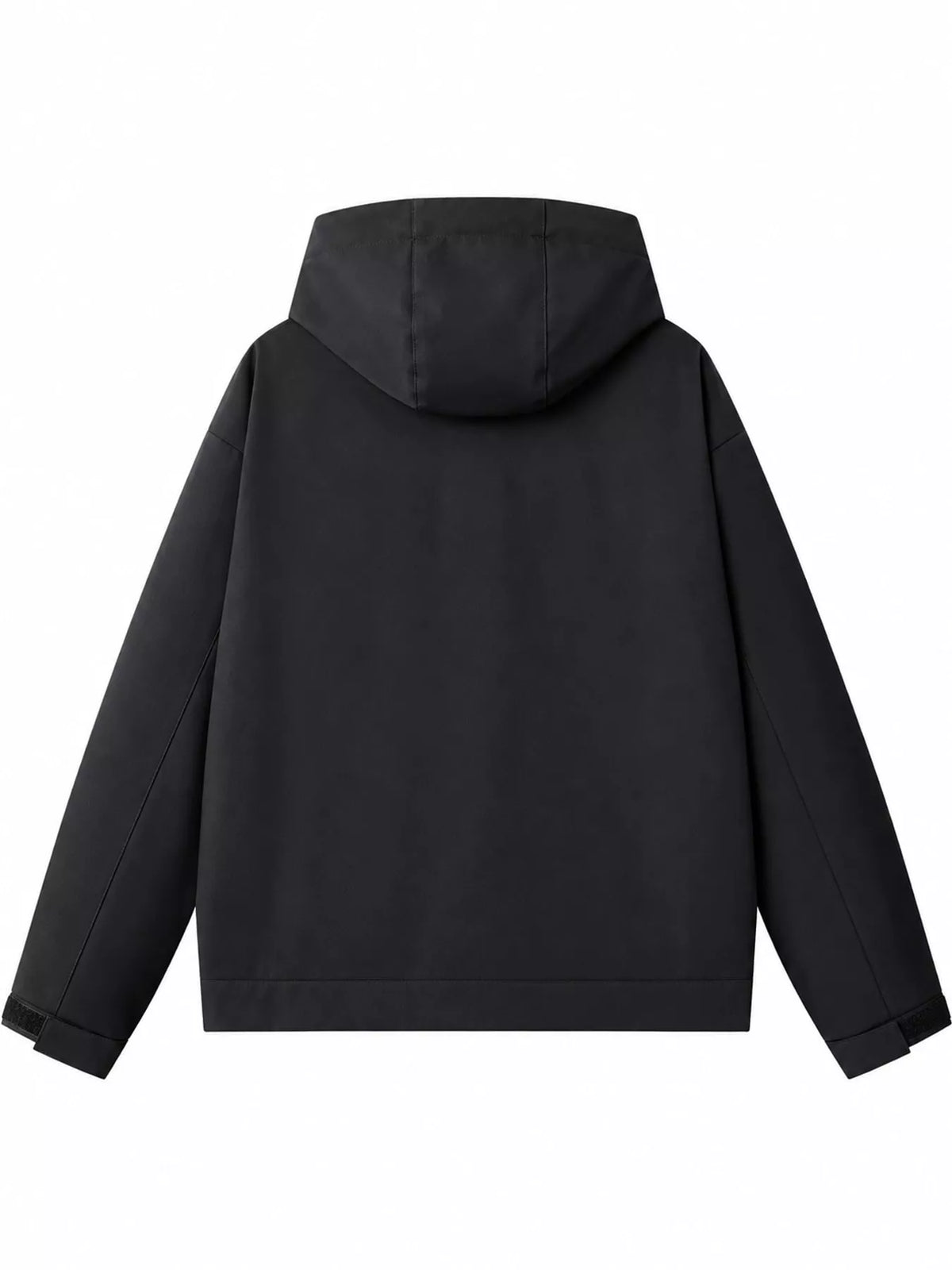 Black men's hooded multi-pocket zip jacket — back view