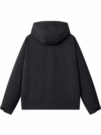 Black men's hooded multi-pocket zip jacket — back view