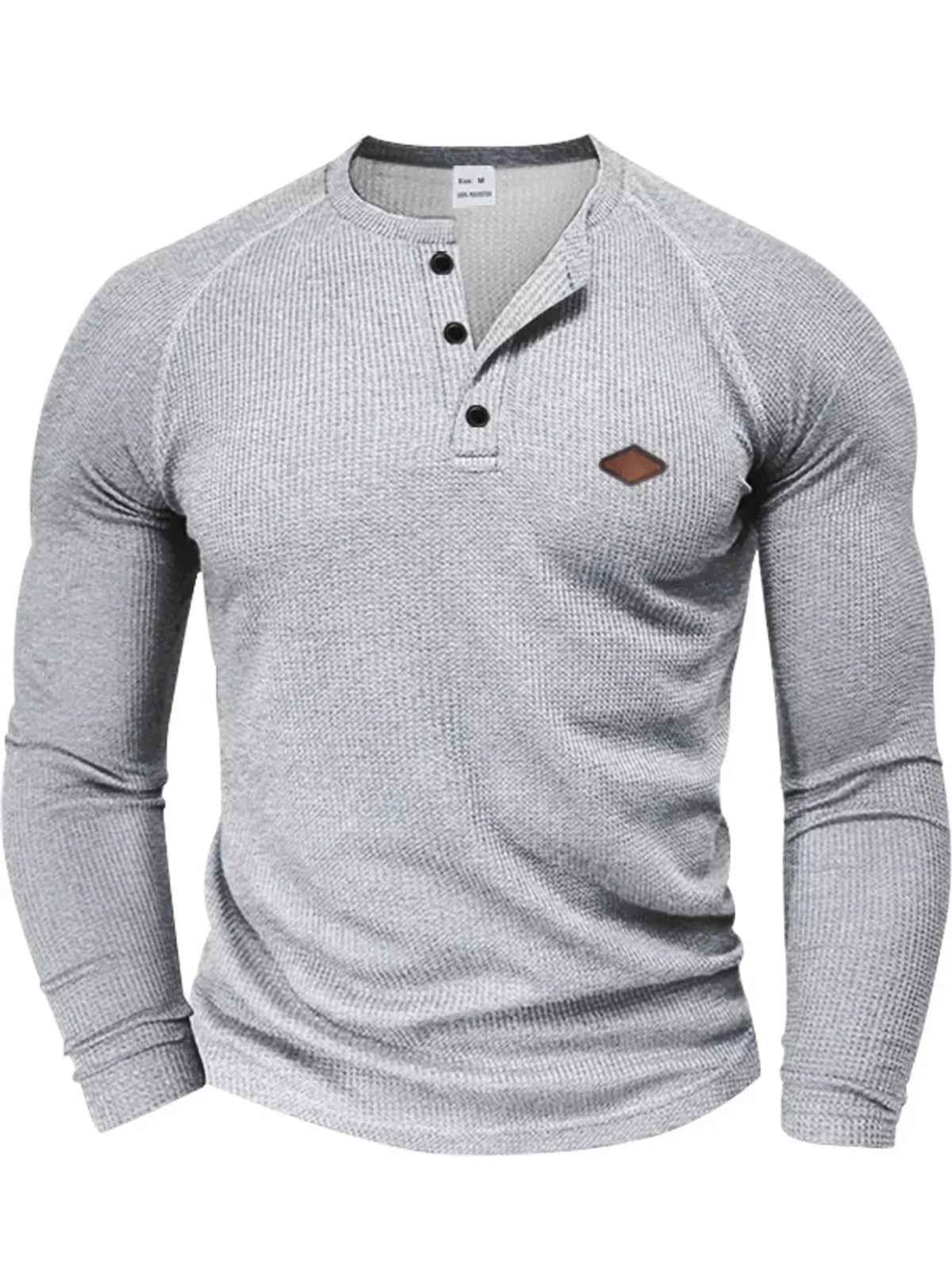 Light gray men’s waffle-knit Henley, front view.
