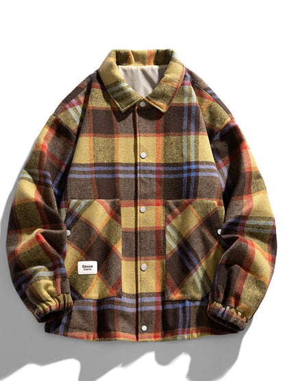 Red multicolor plaid button-front jacket with pocket fastenings, front view.