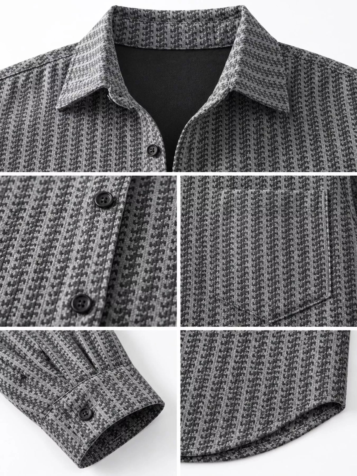 Gray shacket details showing the collar, fabric, front buttons, cuff and hem.