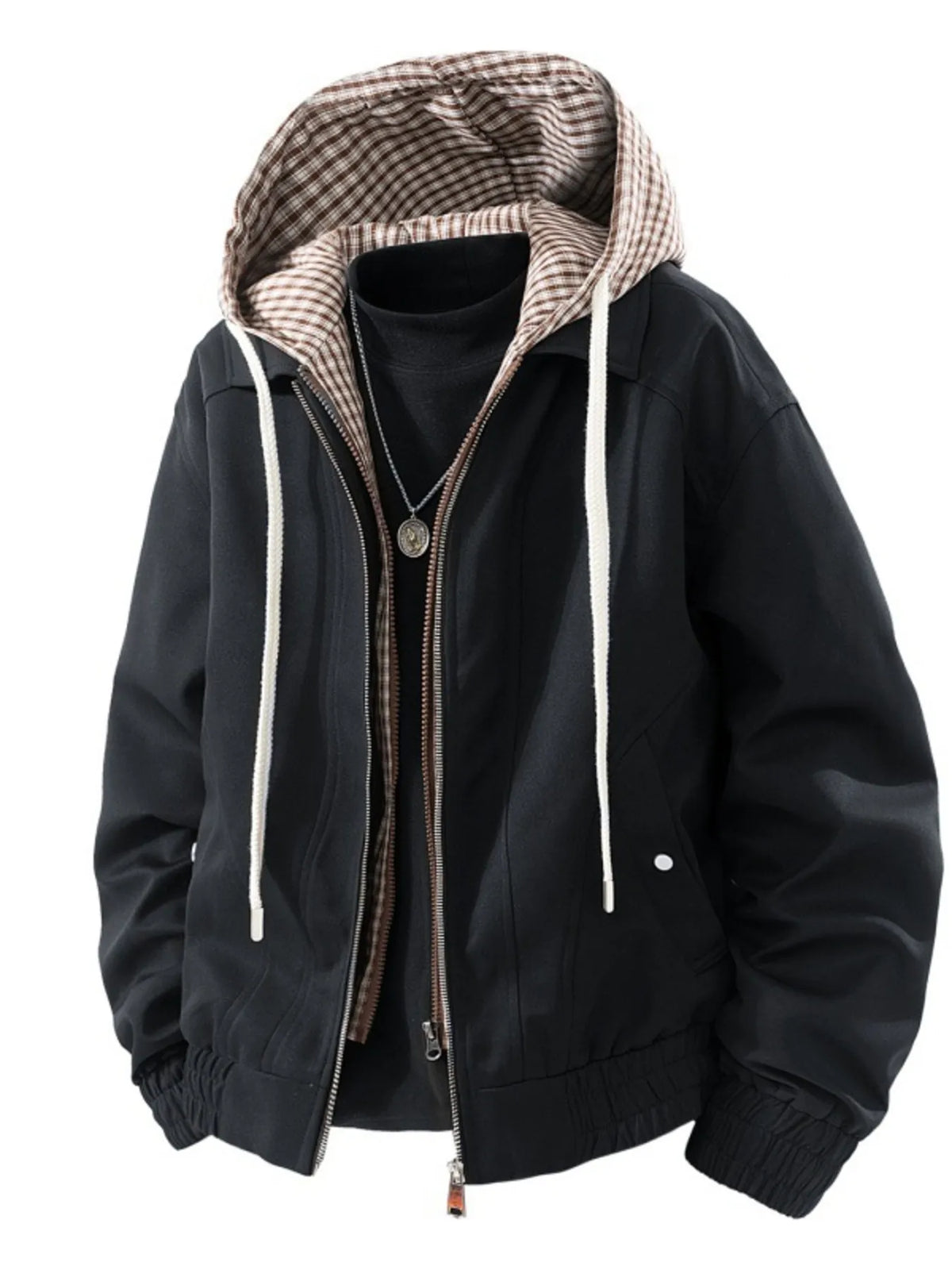 Black hooded zip-up jacket with checked hood lining and pockets; styled underlayer and necklace are not included.