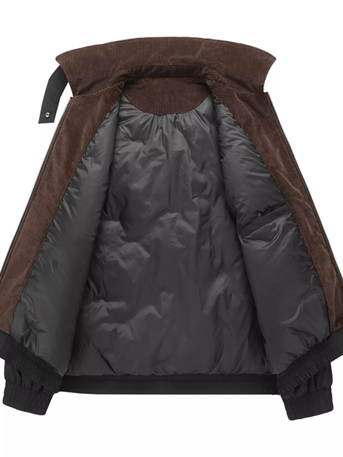 Open interior of the black jacket, showing dark lining and brown corduroy collar and facing