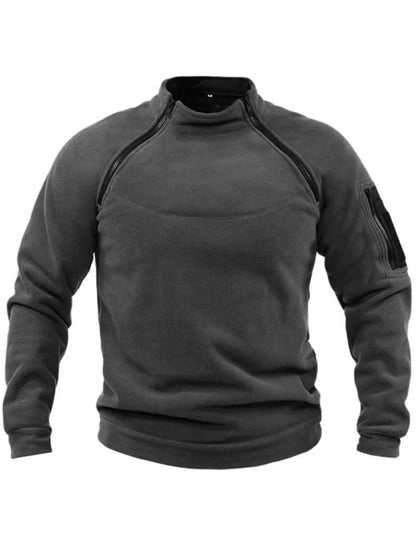 Front view of the Gray fleece sweatshirt with contrasting dark neckline zips.