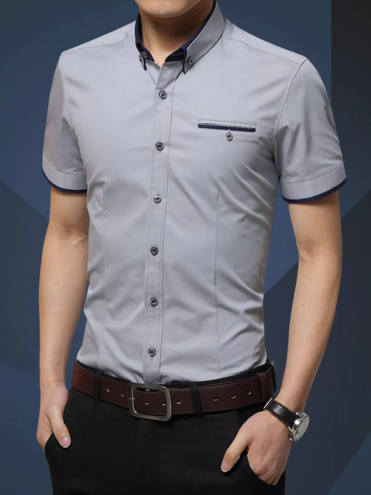 Men's Grey button-up short-sleeve shirt, front view. Shirt only; styling accessories not included.