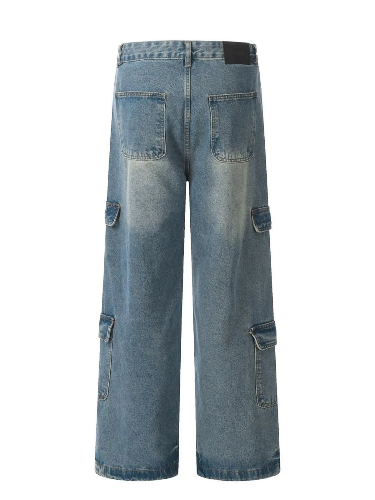 Garment-only rear view of washed blue cargo jeans with two back patch pockets and side cargo pockets.