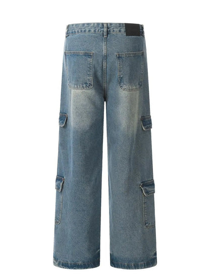 Garment-only rear view of washed blue cargo jeans with two back patch pockets and side cargo pockets.