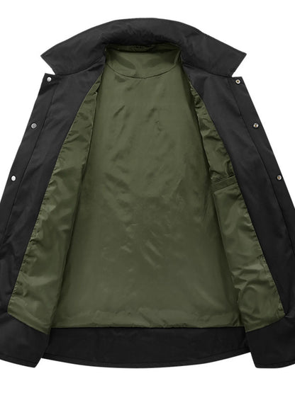 Open black jacket showing the olive interior.