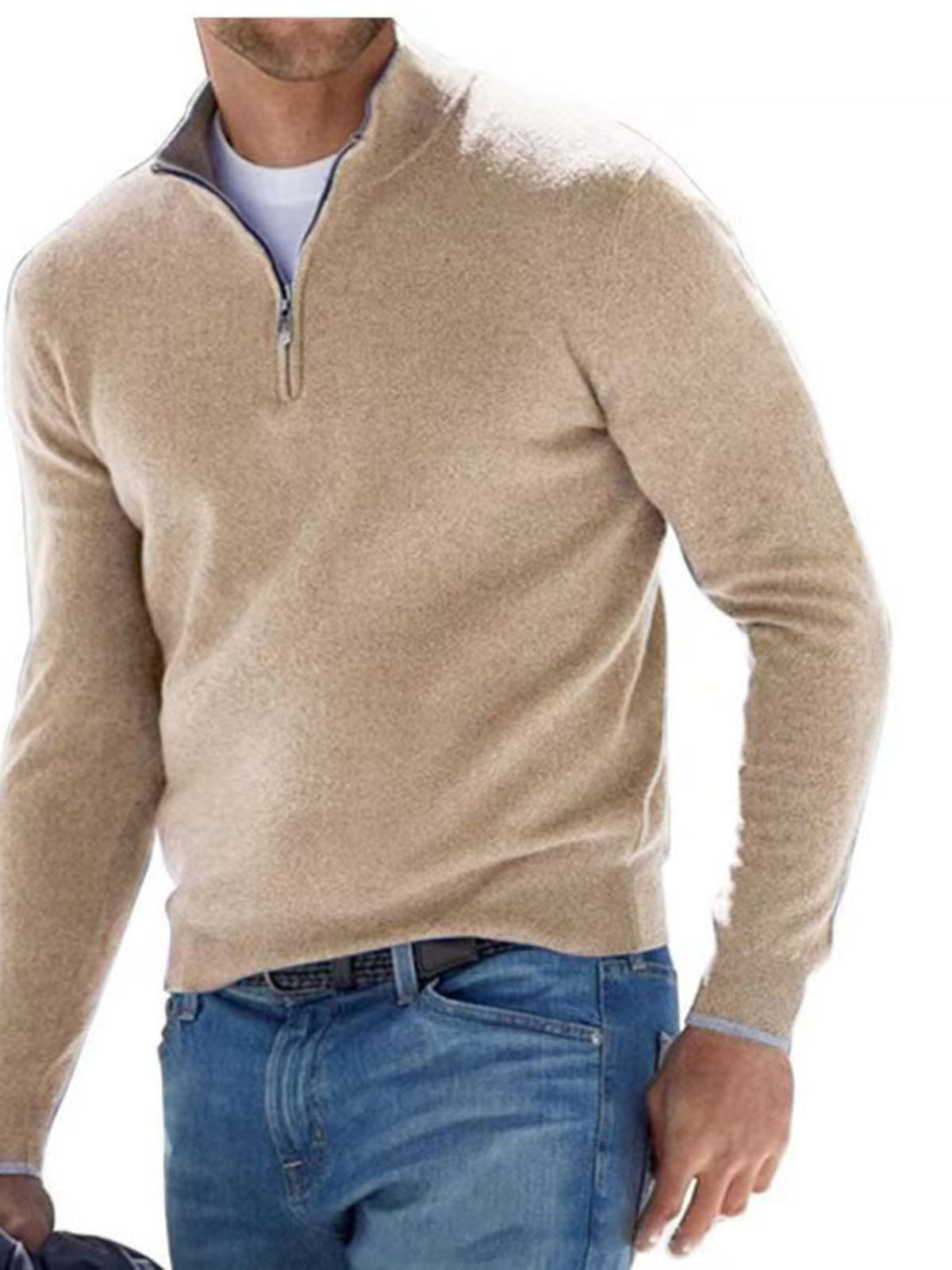 Men's Khaki quarter-zip long-sleeve sweater, front view; sweater only.