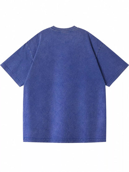 Blue-Washed acid-wash oversized crewneck T-shirt, rear view. One shirt only.