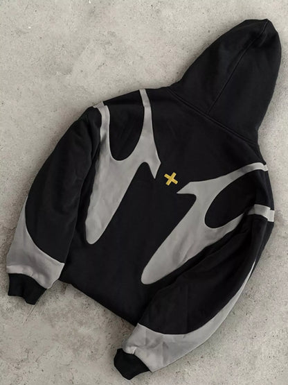 Black and gray oversized zip hoodie, back flat lay