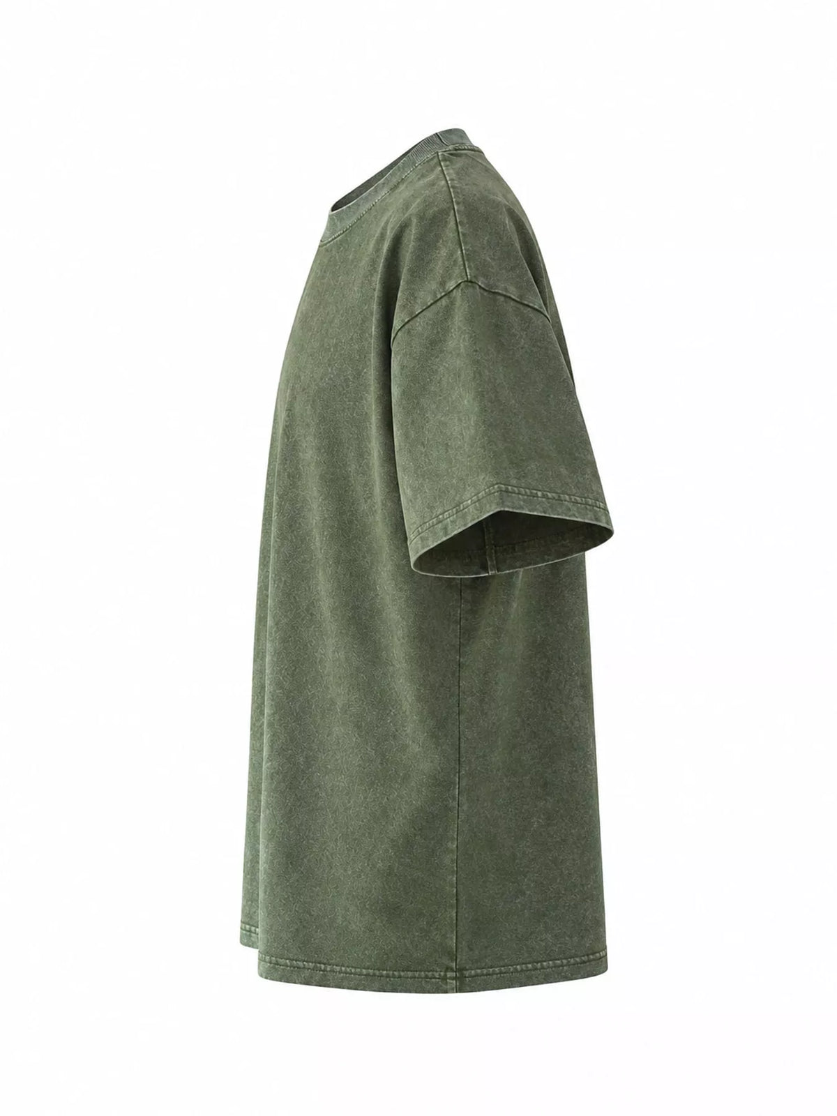 Army Green-Washed acid-wash oversized crewneck T-shirt, side view. One shirt only.