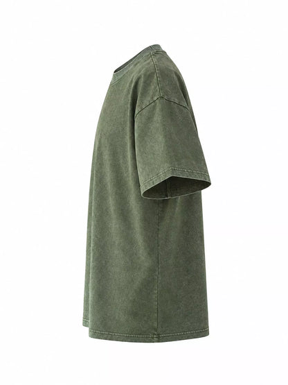 Army Green-Washed acid-wash oversized crewneck T-shirt, side view. One shirt only.
