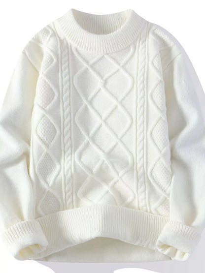 White men's cable-knit crewneck sweater with long sleeves and ribbed neckline, cuffs and hem, shown flat.
