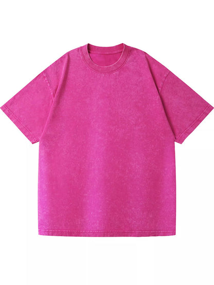 Hot Pink-Washed acid-wash oversized crewneck T-shirt, front view. One shirt only.