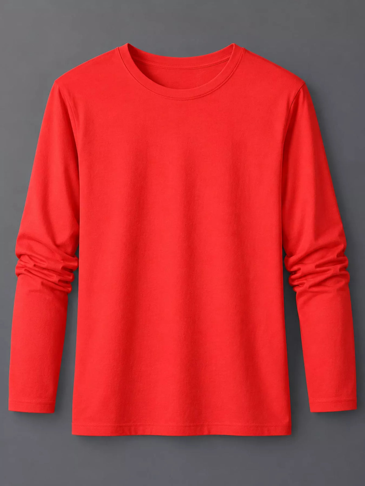 Red men's cotton long-sleeve crewneck tee, laid flat.