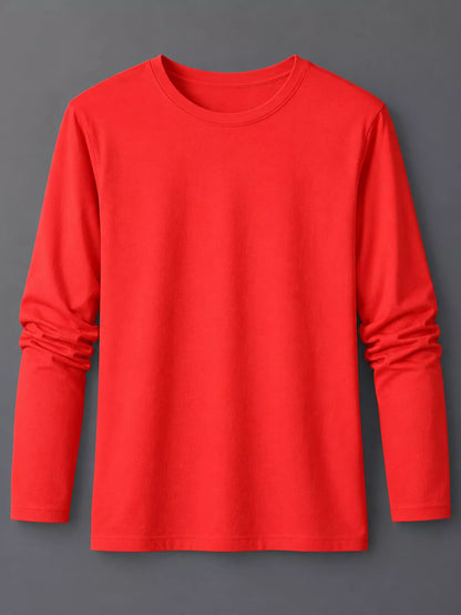 Red men's cotton long-sleeve crewneck tee, laid flat.