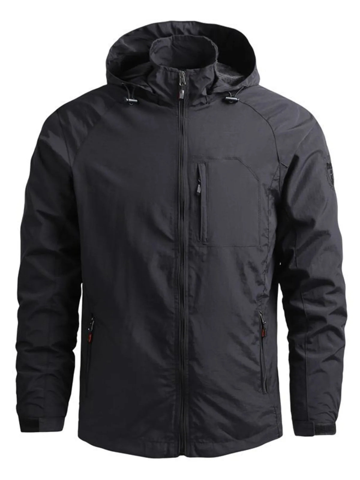 Black hooded jacket, front view