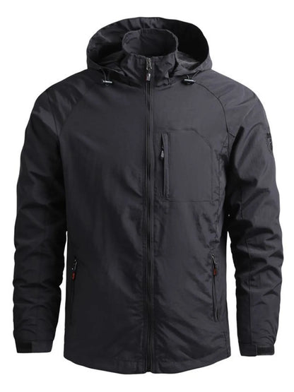 Black hooded jacket, front view