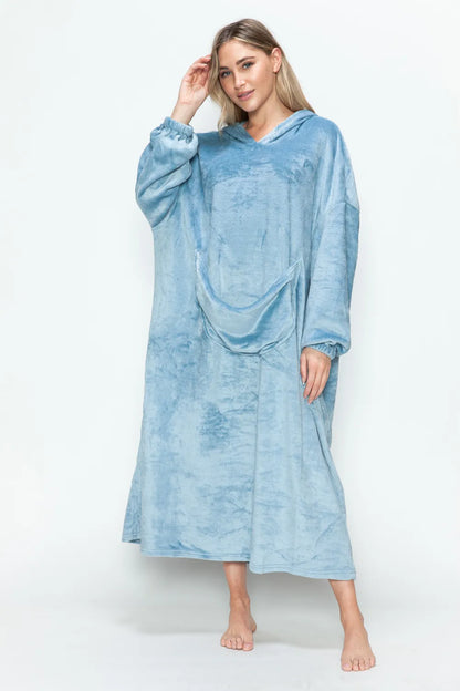 Pastel Blue hooded midi lounge dress with long sleeves and front kangaroo pocket, front or angled view. One dress; styling accessories not included.