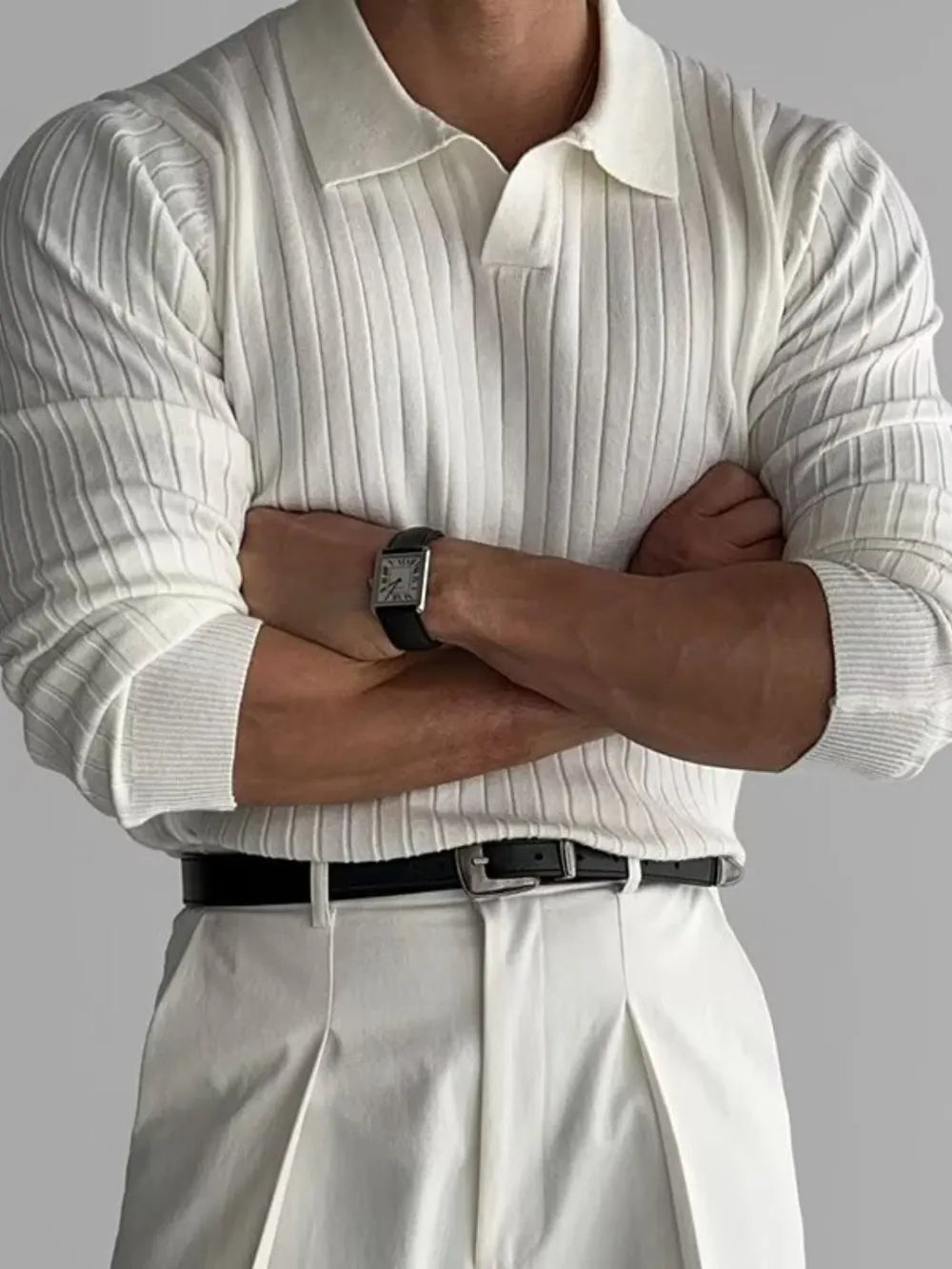Ivory ribbed polo, closer front view; polo shirt only.