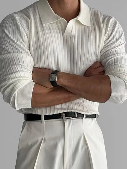 Ivory ribbed polo, closer front view; polo shirt only.