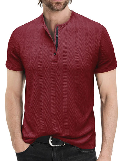 Burgundy men's chevron-textured short-sleeve Henley shirt, front view; shirt only