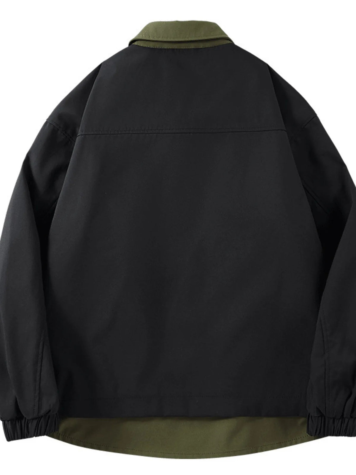 Black jacket, back view with horizontal upper-back seam.