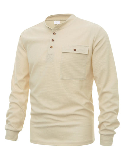 Men's button-detail long-sleeve shirt — Shallow Khakis angled view