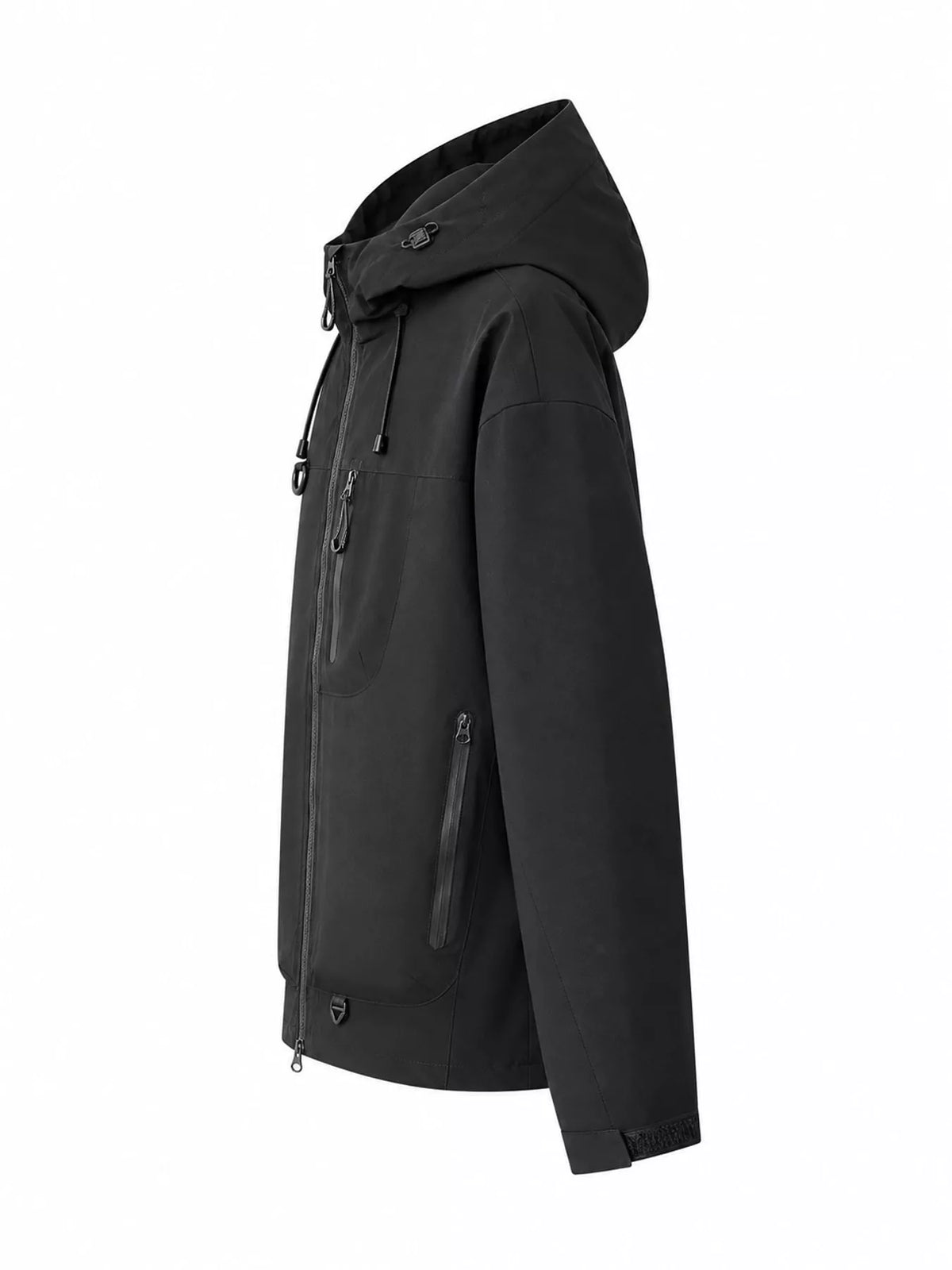 Black men's hooded multi-pocket zip jacket — side view