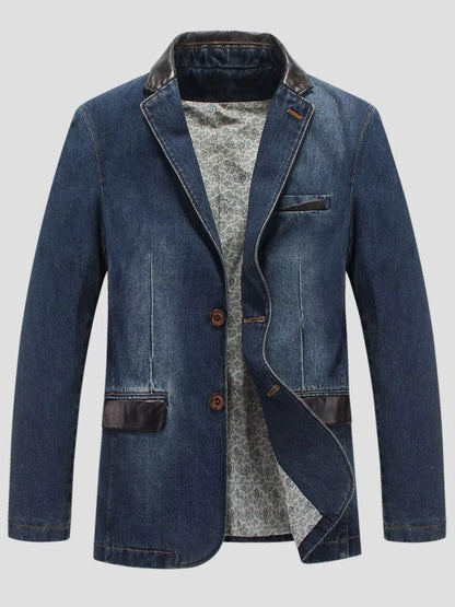 Denim Blue men's blazer, alternate garment-only front view showing dark collar and pocket trim.