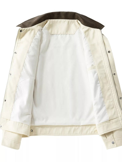 Cream jacket opened to show its lining, zip and snap fasteners