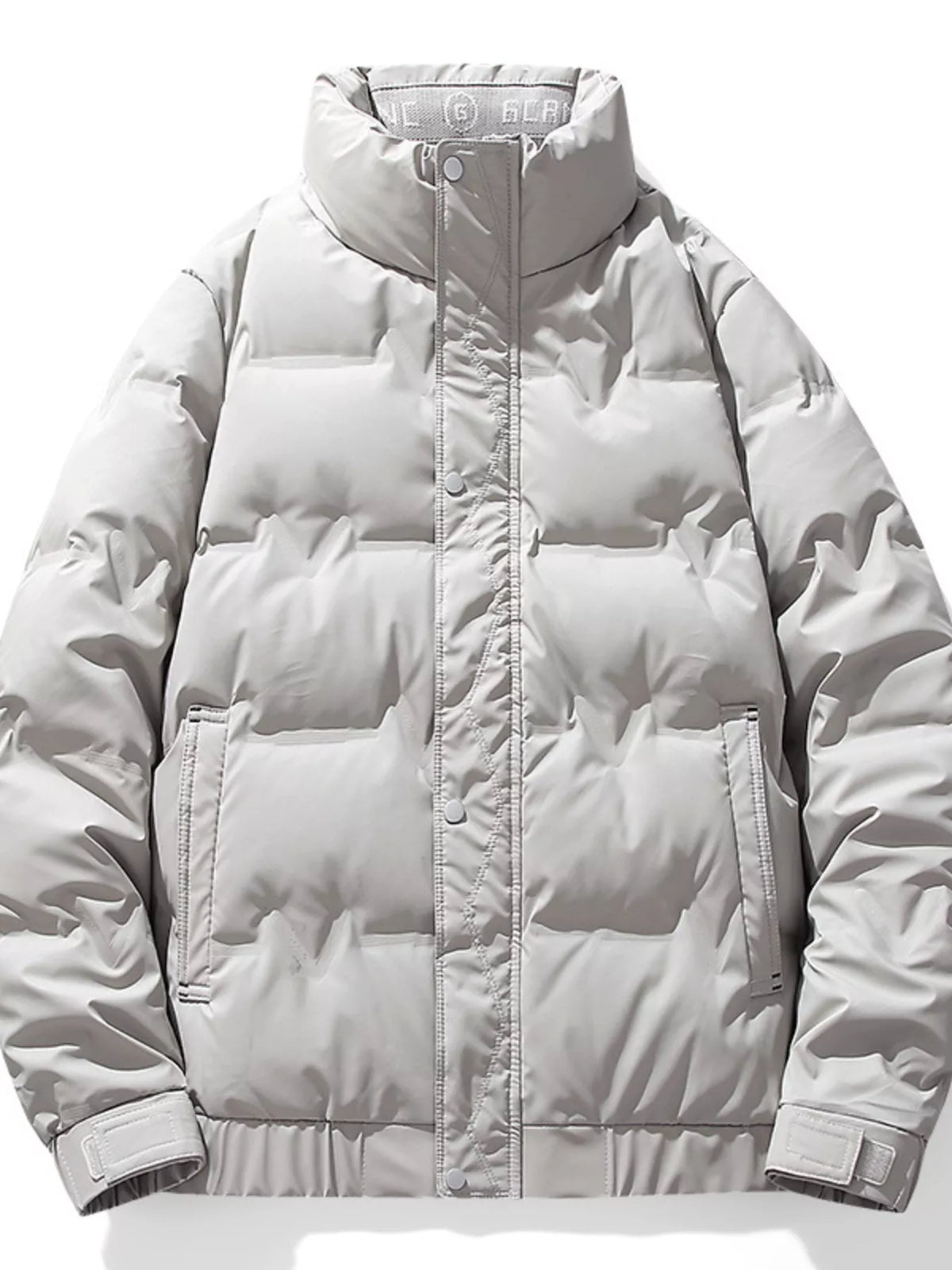 Light Gray men's puffer jacket, garment-only front view showing the stand collar, front closure and side pockets.